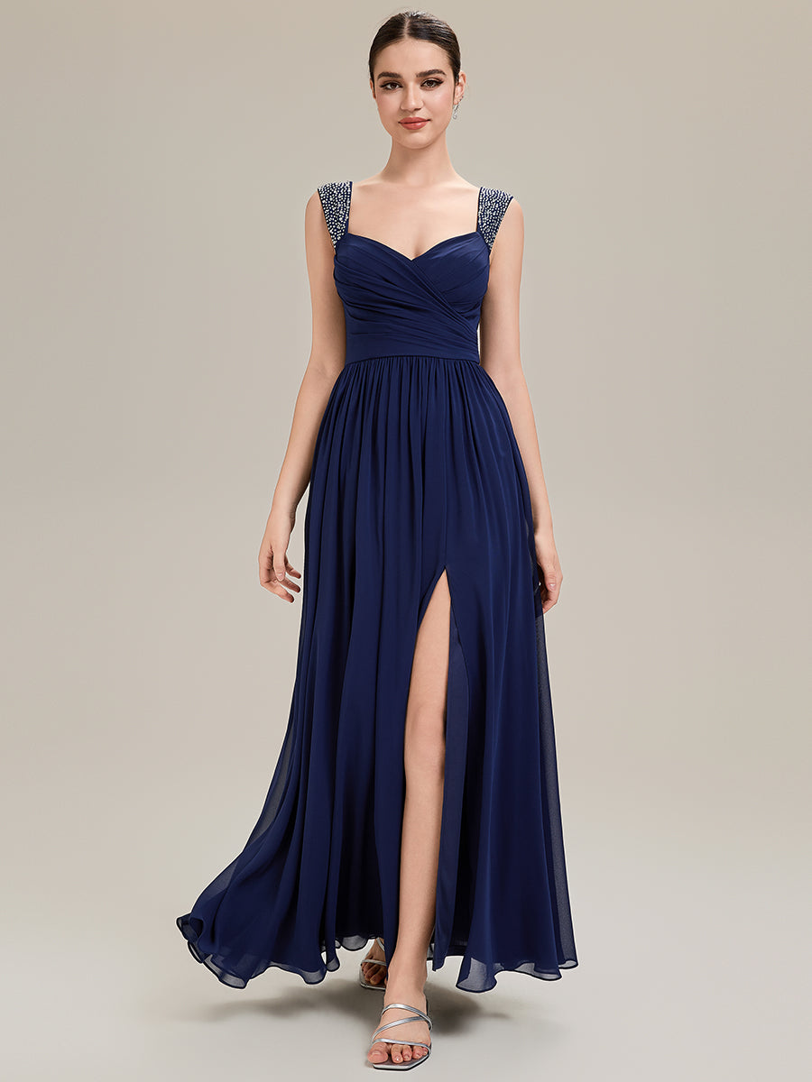 Robe de soirée chic sans manches décolleté en V avec jupe évasée longueur sol et bretelles non réglables #Couleur_Bleu Marine