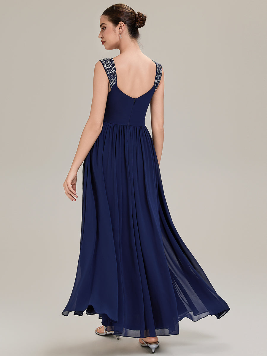 Robe de soirée chic sans manches décolleté en V avec jupe évasée longueur sol et bretelles non réglables #Couleur_Bleu Marine