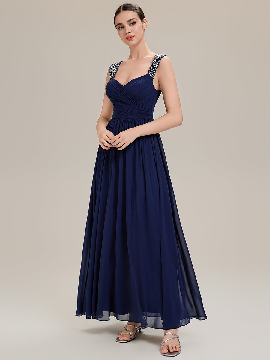 Robe de soirée chic sans manches décolleté en V avec jupe évasée longueur sol et bretelles non réglables #Couleur_Bleu Marine