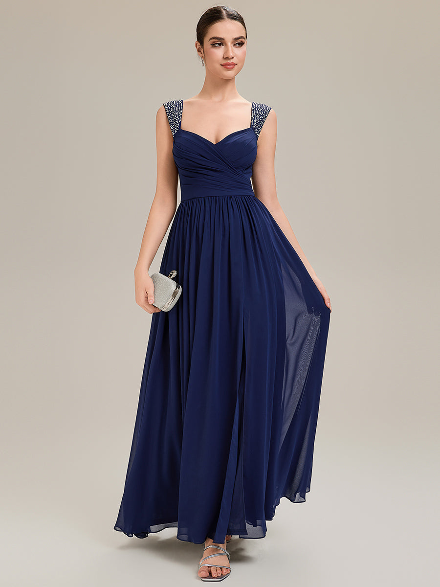 Robe de soirée chic sans manches décolleté en V avec jupe évasée longueur sol et bretelles non réglables #Couleur_Bleu Marine