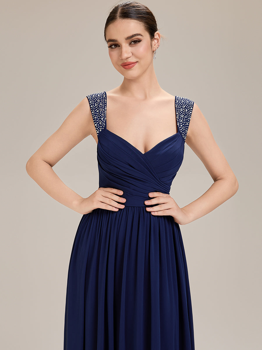 Robe de soirée chic sans manches décolleté en V avec jupe évasée longueur sol et bretelles non réglables #Couleur_Bleu Marine
