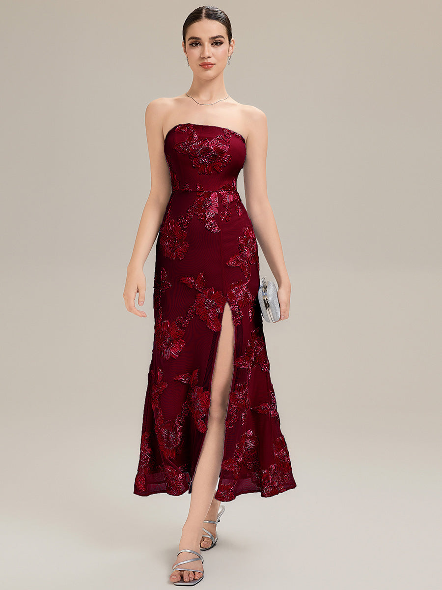 Robe maxi moulante sans bretelles sans manches à haute élasticité avec fente haute et design dos nu #Couleur_Bordeaux
