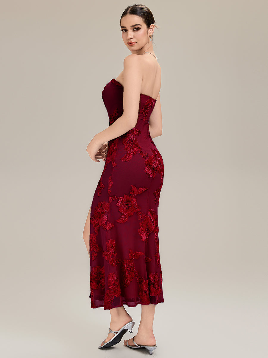 Robe maxi moulante sans bretelles sans manches à haute élasticité avec fente haute et design dos nu #Couleur_Bordeaux