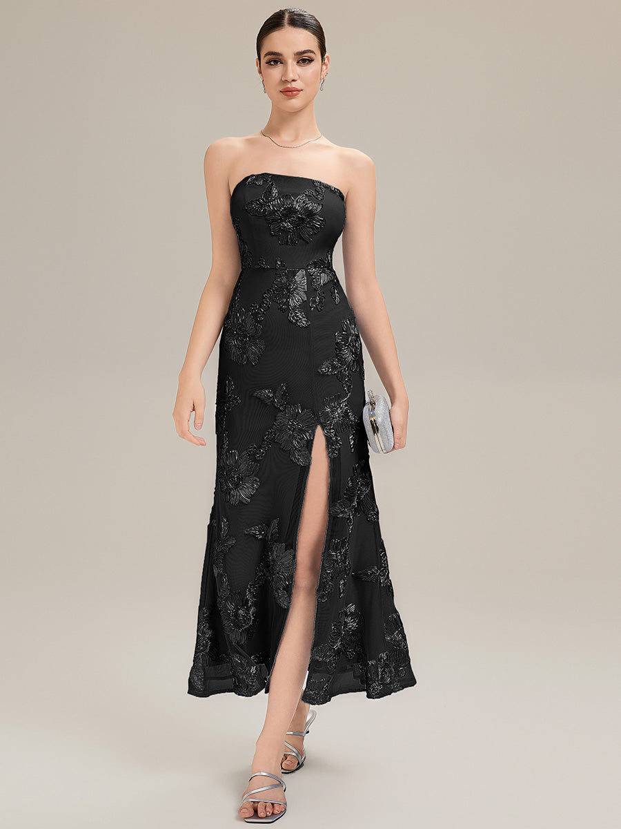 Robe maxi moulante sans bretelles sans manches à haute élasticité avec fente haute et design dos nu #Couleur_Noir