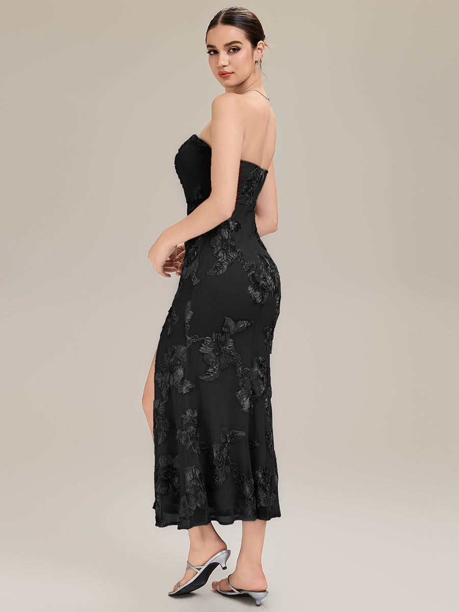 Robe maxi moulante sans bretelles sans manches à haute élasticité avec fente haute et design dos nu #Couleur_Noir