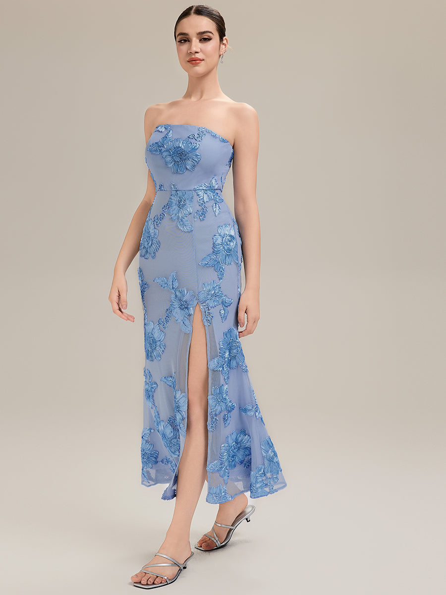 Robe maxi moulante sans bretelles sans manches à haute élasticité avec fente haute et design dos nu #Couleur_Bleu Glace