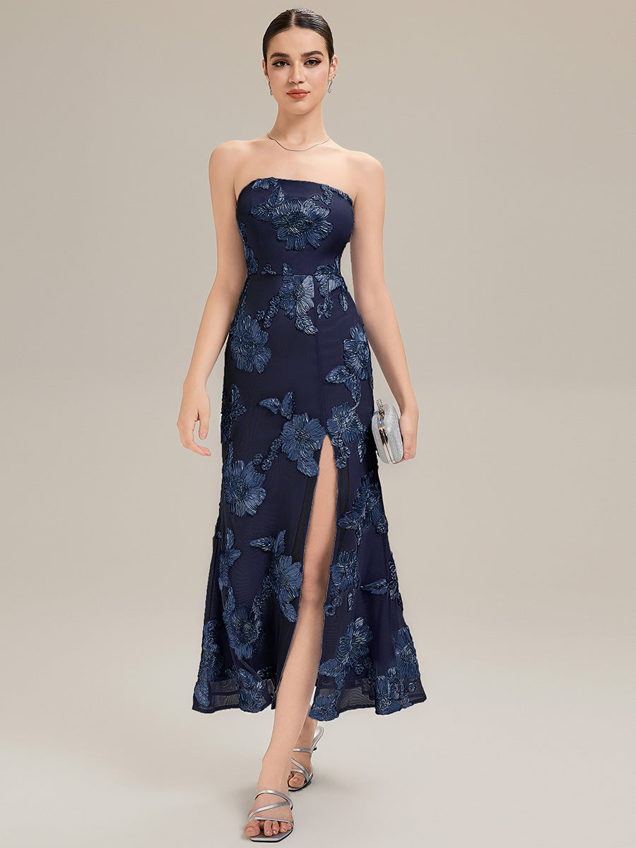 Robe maxi moulante sans bretelles sans manches à haute élasticité avec fente haute et design dos nu #Couleur_Bleu Marine