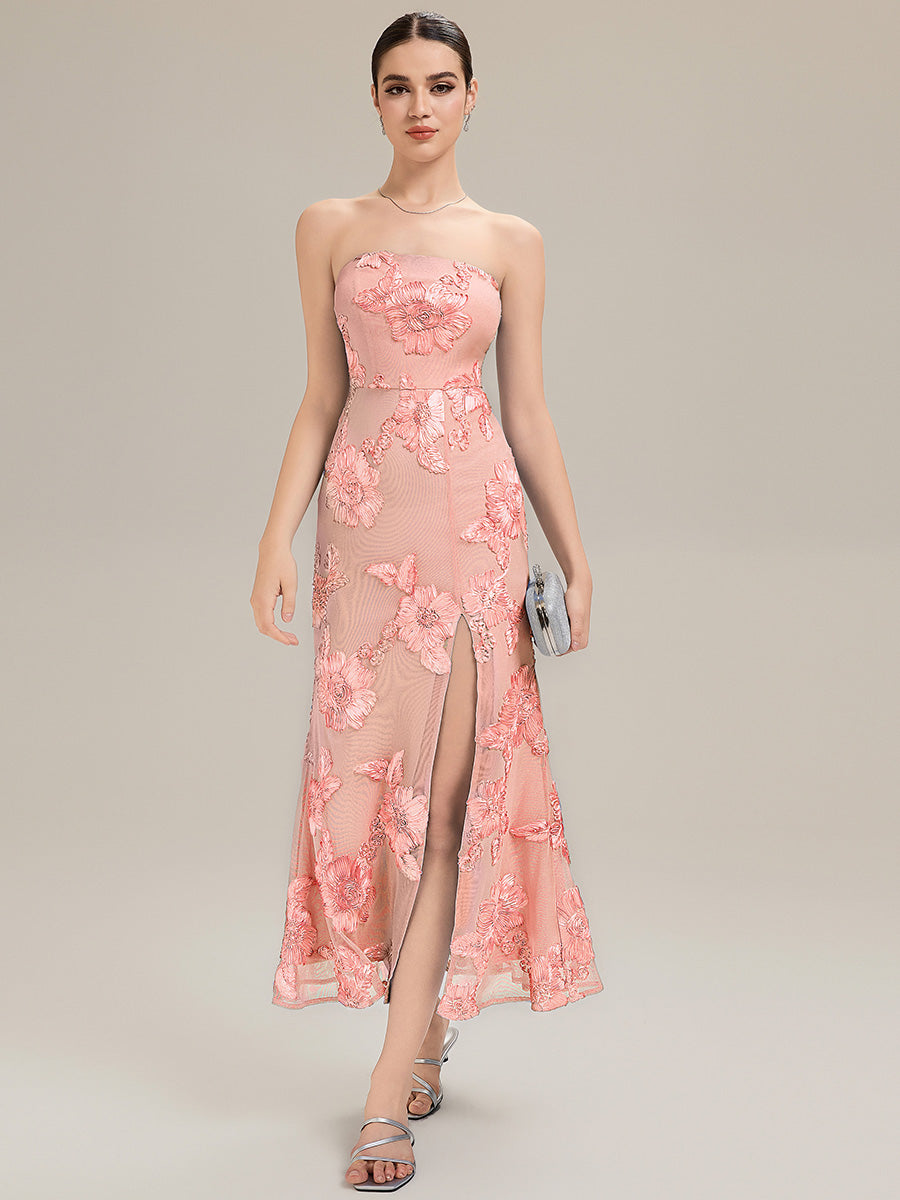 Robe maxi moulante sans bretelles sans manches à haute élasticité avec fente haute et design dos nu #Couleur_Rose