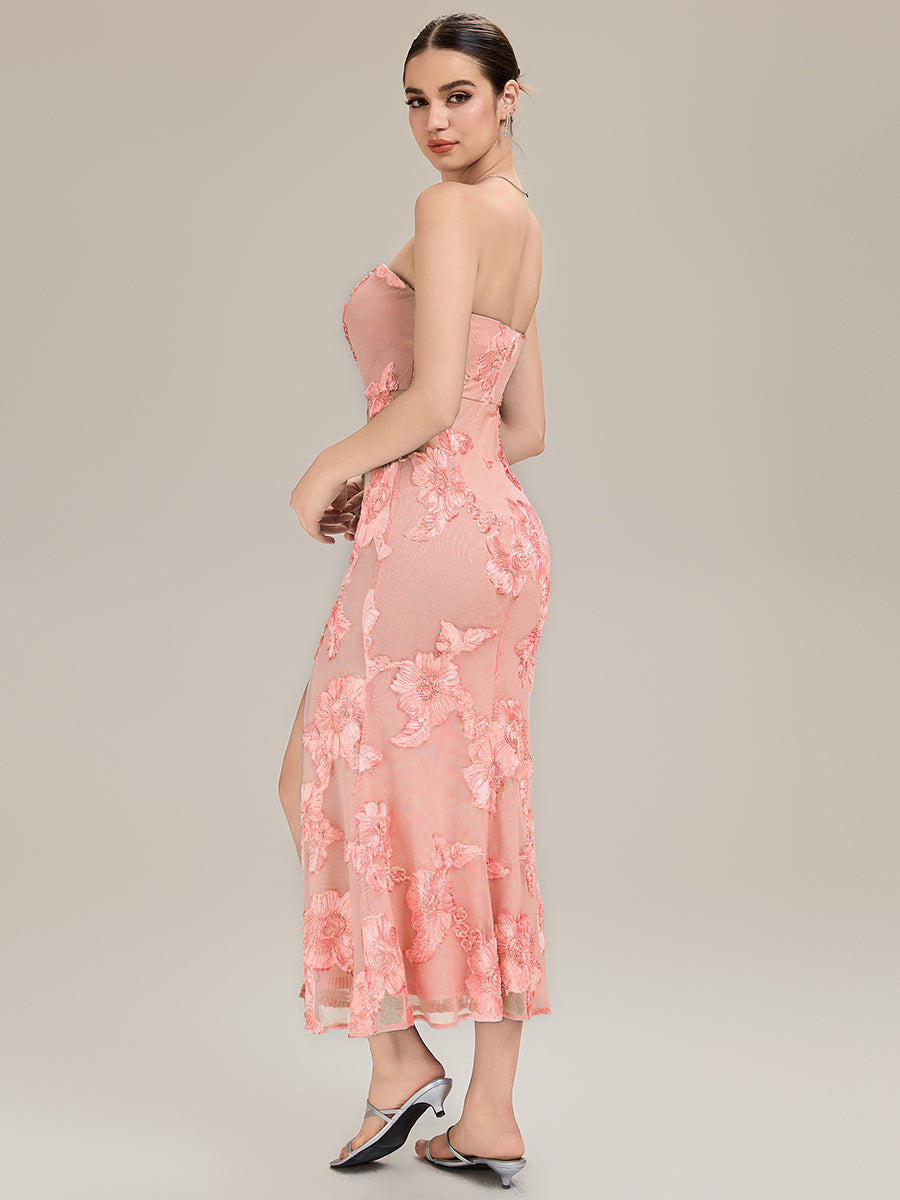 Robe maxi moulante sans bretelles sans manches à haute élasticité avec fente haute et design dos nu #Couleur_Rose