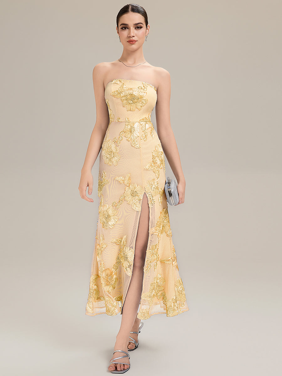 Robe maxi moulante sans bretelles sans manches à haute élasticité avec fente haute et design dos nu #Couleur_Jaune
