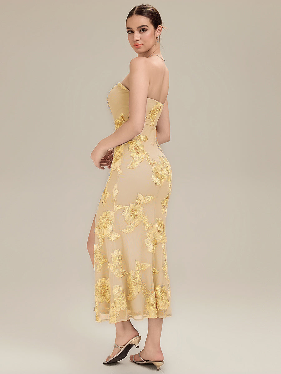 Robe maxi moulante sans bretelles sans manches à haute élasticité avec fente haute et design dos nu #Couleur_Jaune