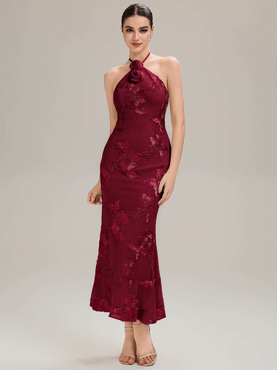 Robe de soirée chic sans manches à col halter imprimé floral haute élasticité style sirène longueur sol avec design dos nu #Couleur_Bordeaux