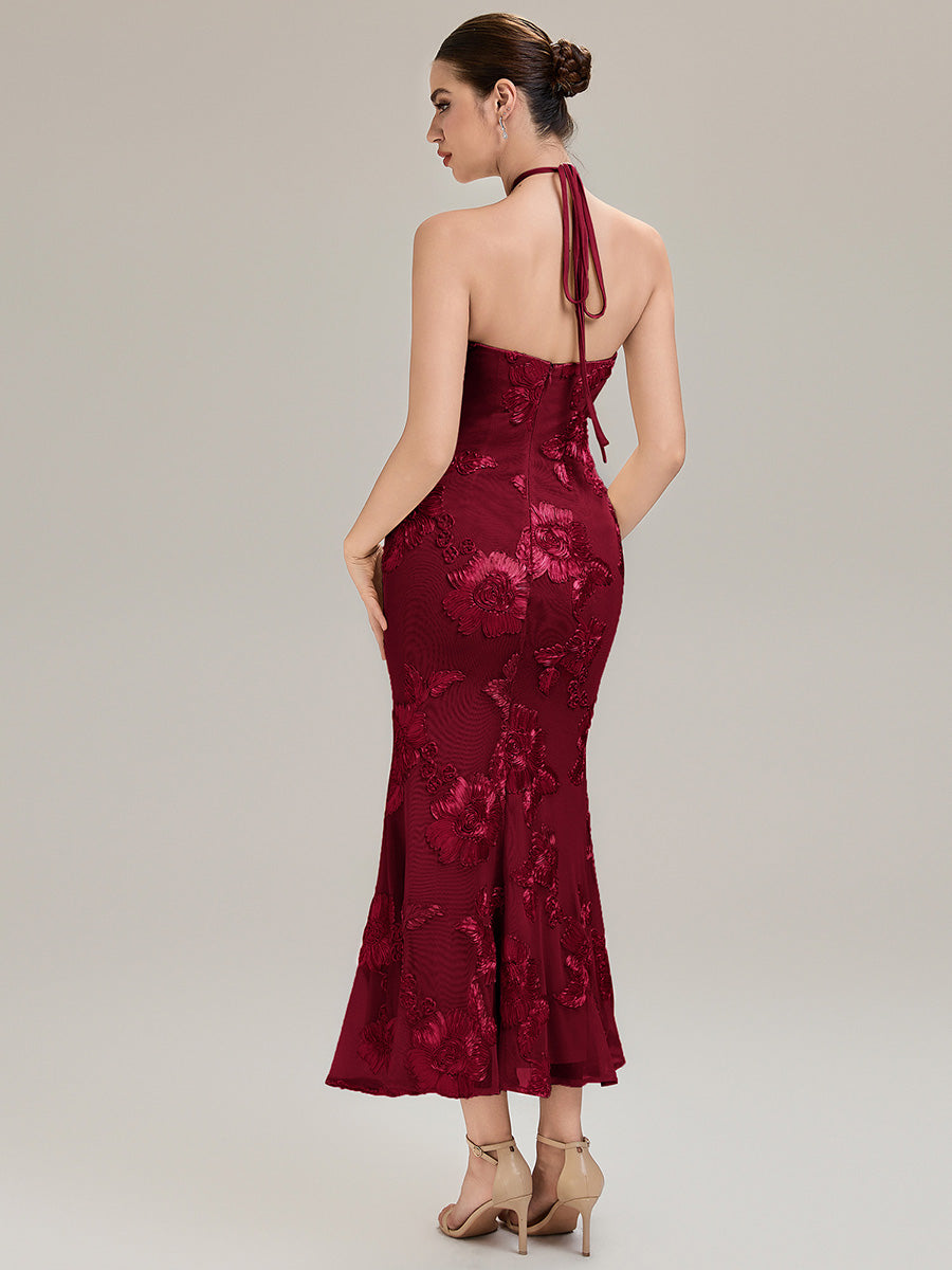 Robe de soirée chic sans manches à col halter imprimé floral haute élasticité style sirène longueur sol avec design dos nu #Couleur_Bordeaux