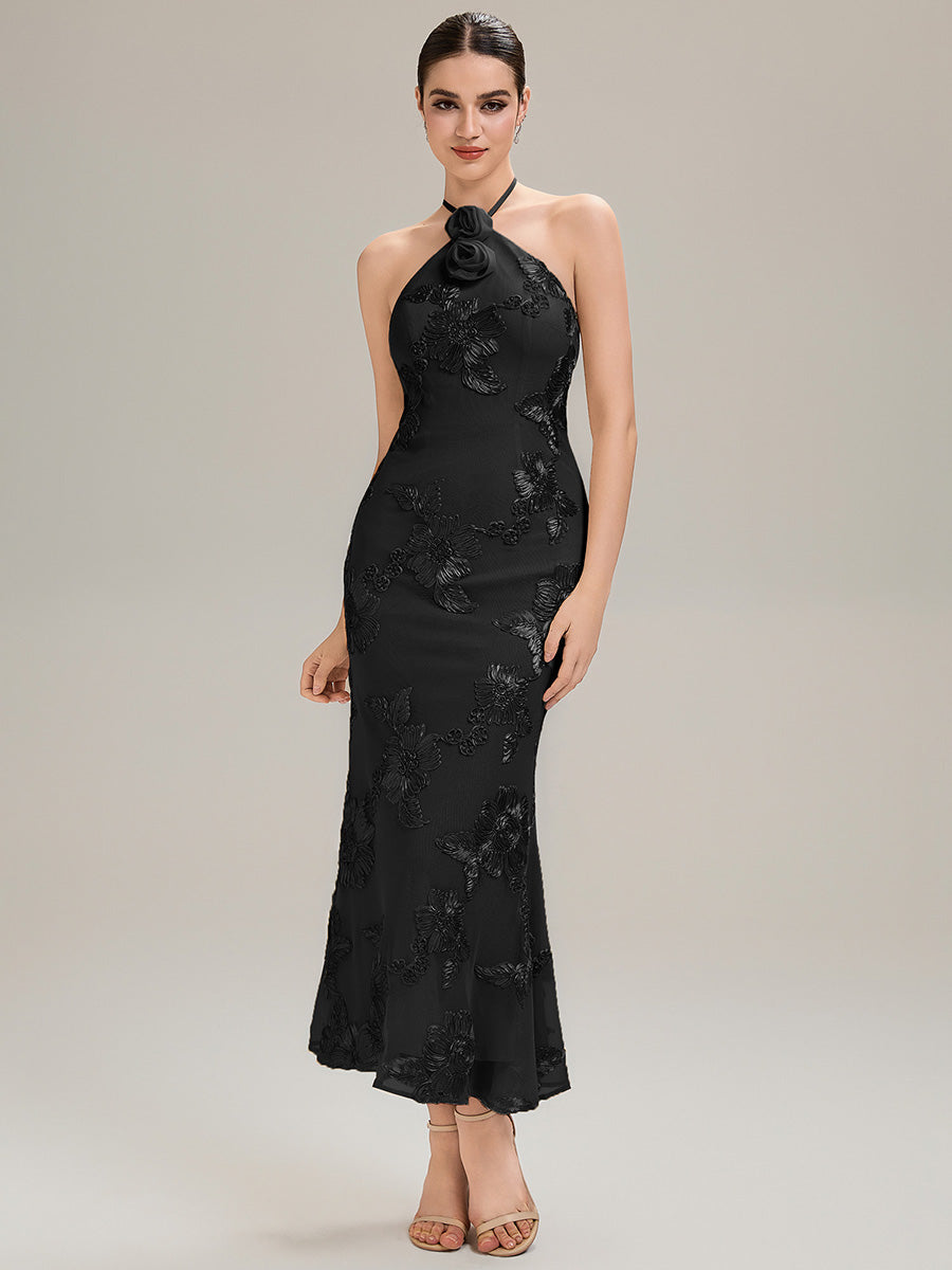 Robe de soirée chic sans manches à col halter imprimé floral haute élasticité style sirène longueur sol avec design dos nu #Couleur_Noir
