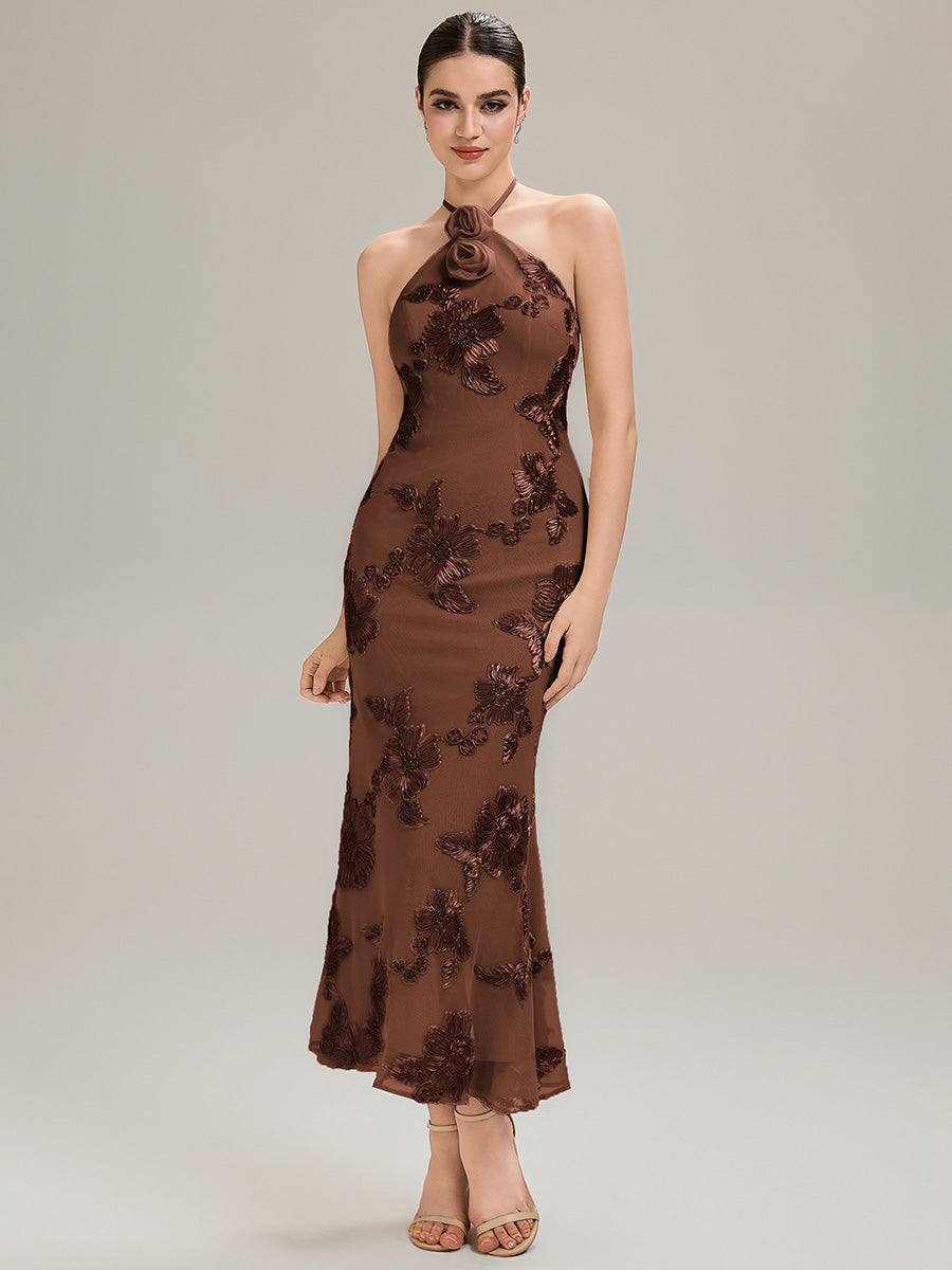 Robe de soirée chic sans manches à col halter imprimé floral haute élasticité style sirène longueur sol avec design dos nu #Couleur_Brun