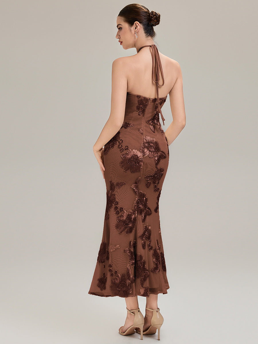 Robe de soirée chic sans manches à col halter imprimé floral haute élasticité style sirène longueur sol avec design dos nu #Couleur_Brun