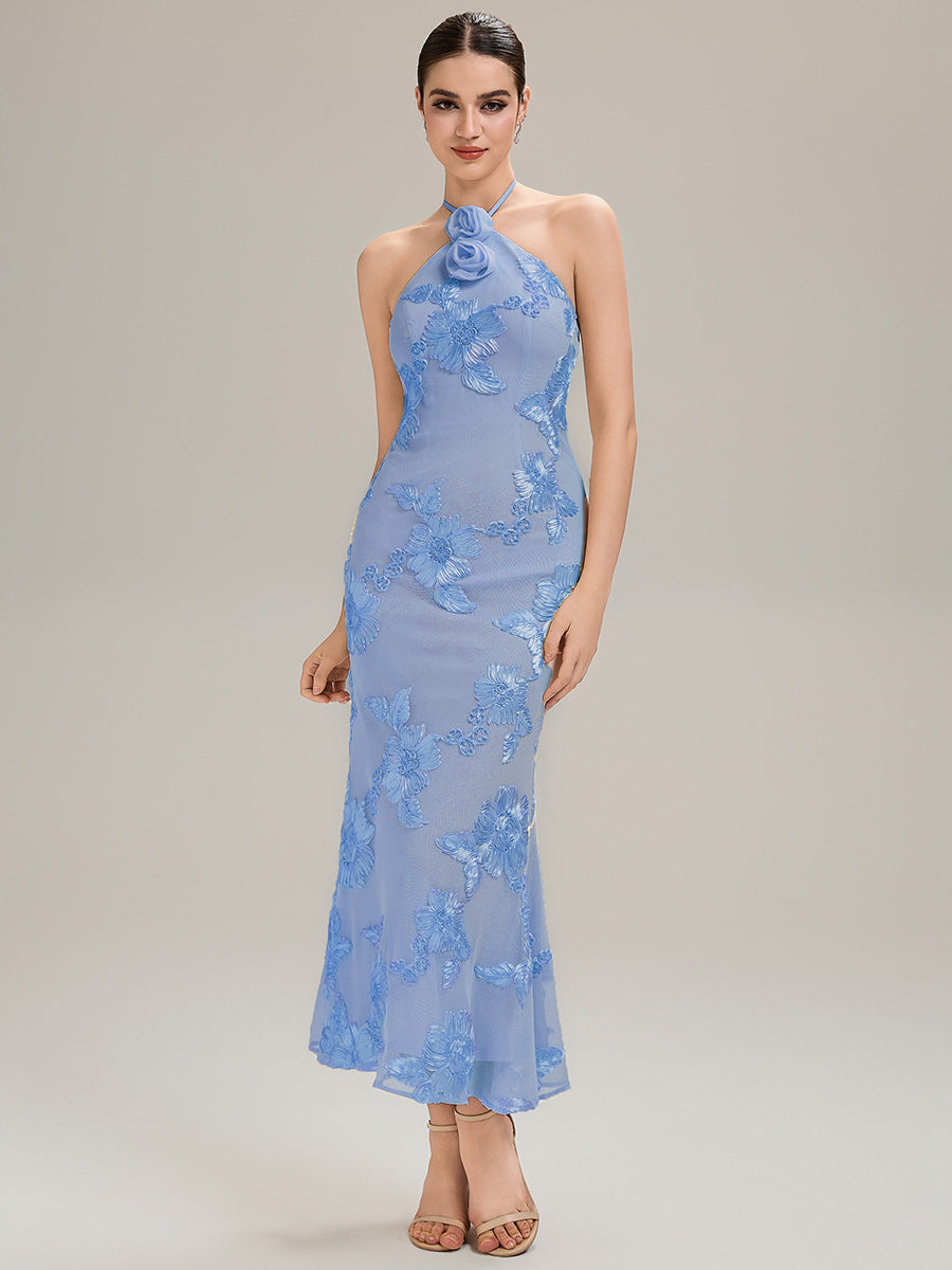 Robe de soirée chic sans manches à col halter imprimé floral haute élasticité style sirène longueur sol avec design dos nu #Couleur_Bleu Glace