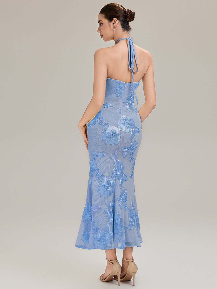 Robe de soirée chic sans manches à col halter imprimé floral haute élasticité style sirène longueur sol avec design dos nu #Couleur_Bleu Glace