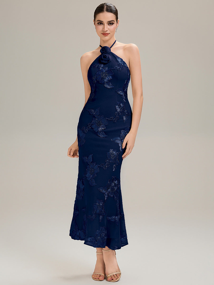 Robe de soirée chic sans manches à col halter imprimé floral haute élasticité style sirène longueur sol avec design dos nu #Couleur_Bleu Marine