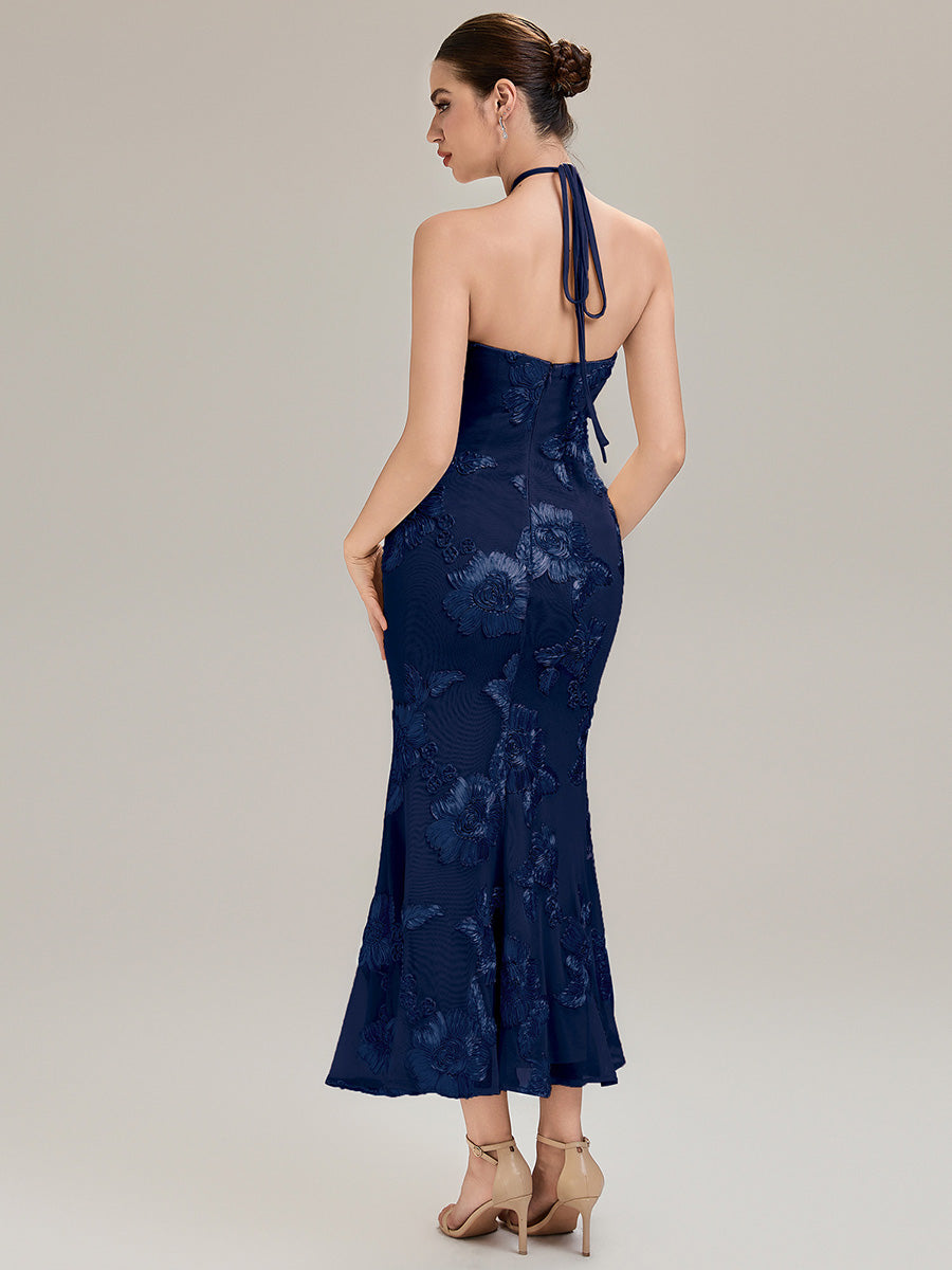 Robe de soirée chic sans manches à col halter imprimé floral haute élasticité style sirène longueur sol avec design dos nu #Couleur_Bleu Marine