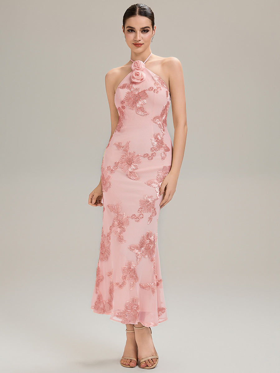 Robe de soirée chic sans manches à col halter imprimé floral haute élasticité style sirène longueur sol avec design dos nu #Couleur_Rose
