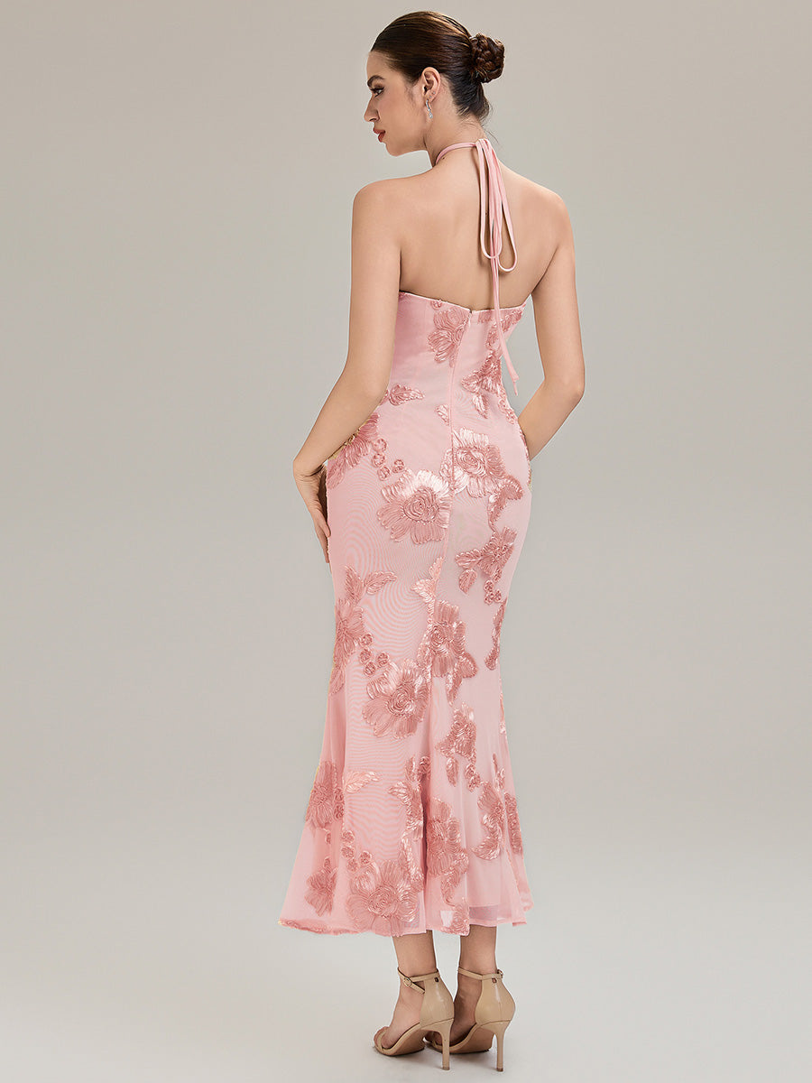 Robe de soirée chic sans manches à col halter imprimé floral haute élasticité style sirène longueur sol avec design dos nu #Couleur_Rose
