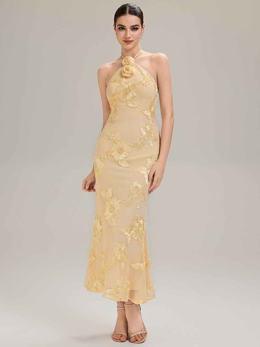 Robe de soirée chic sans manches à col halter imprimé floral haute élasticité style sirène longueur sol avec design dos nu #Couleur_Jaune