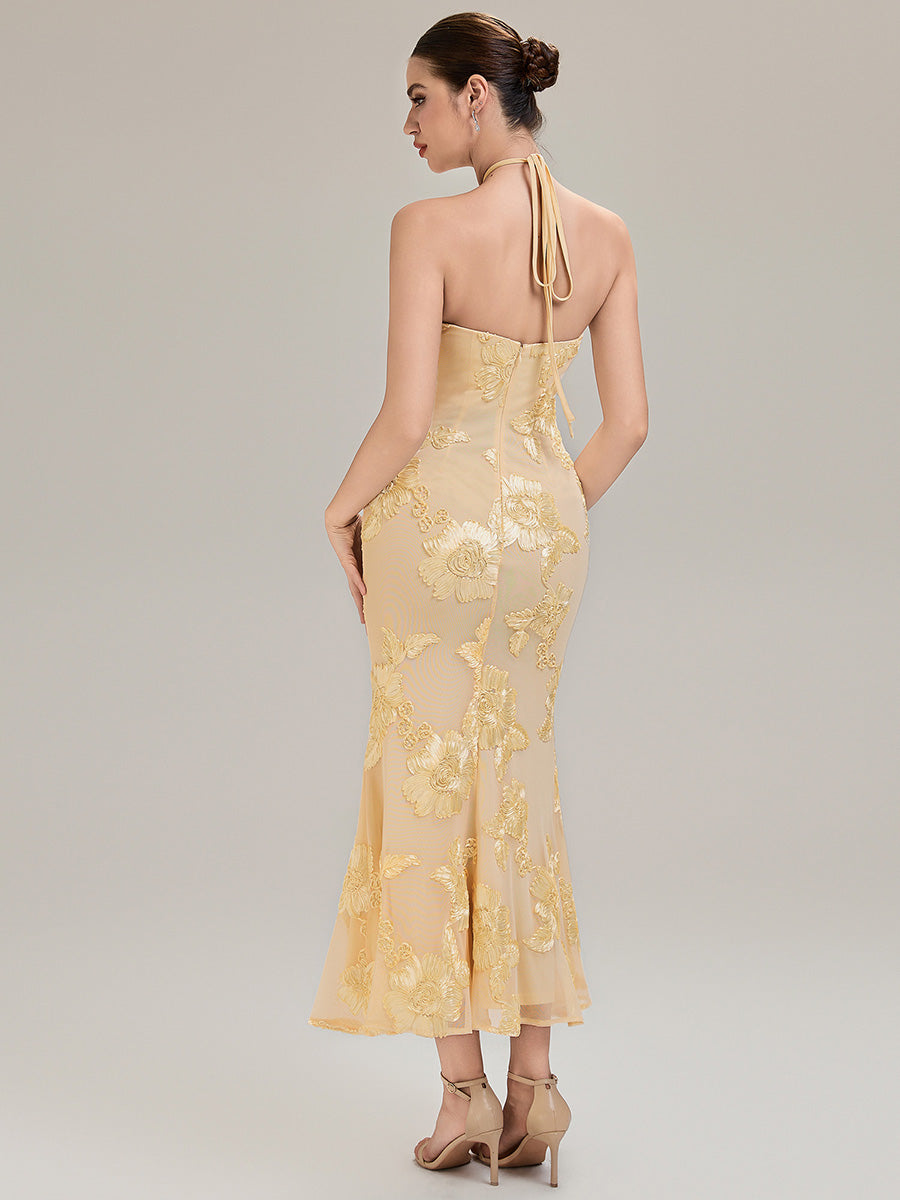 Robe de soirée chic sans manches à col halter imprimé floral haute élasticité style sirène longueur sol avec design dos nu #Couleur_Jaune