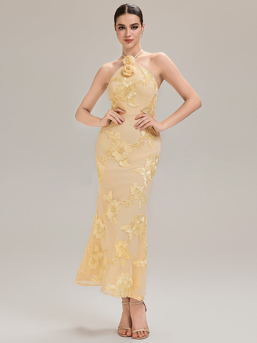 Robe de soirée chic sans manches à col halter imprimé floral haute élasticité style sirène longueur sol avec design dos nu #Couleur_Jaune