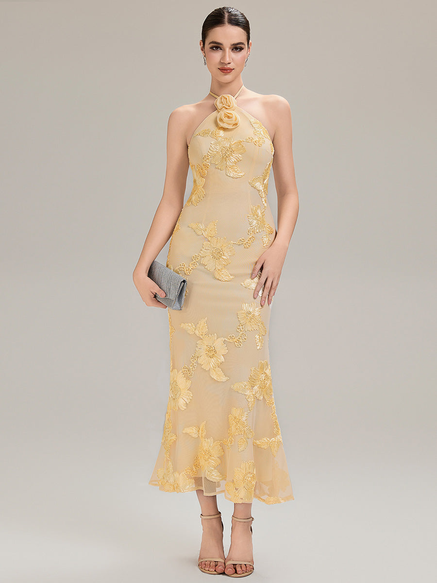 Robe de soirée chic sans manches à col halter imprimé floral haute élasticité style sirène longueur sol avec design dos nu #Couleur_Jaune