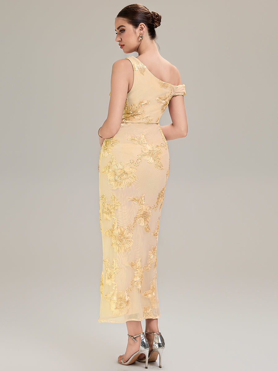 Robe de soirée chic sans manches sans bretelles en jersey extensible avec un nœud à l'avant et des rubans fluides #Couleur_Jaune