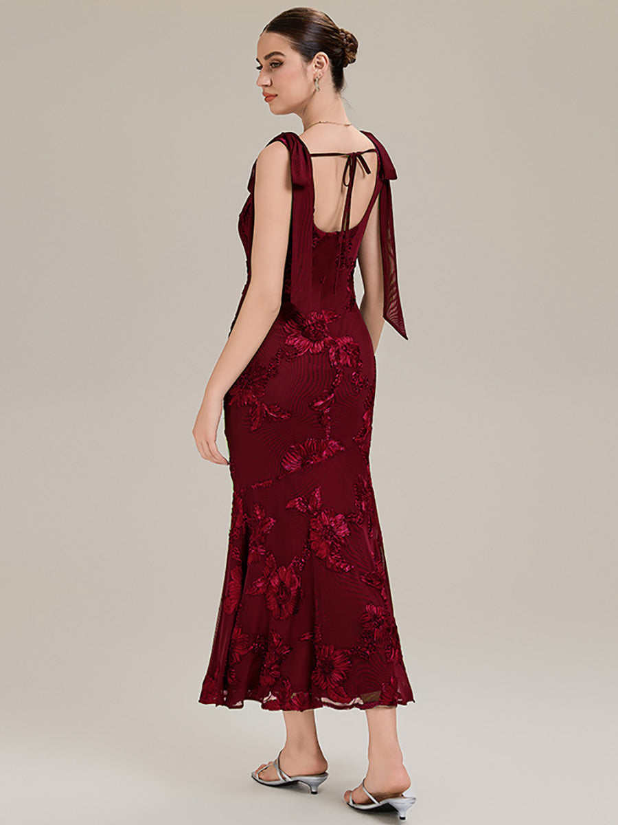 Robe de soirée chic sans manches sans bretelles en jersey extensible avec nœud à l'avant et rubans fluides #Couleur_Bordeaux
