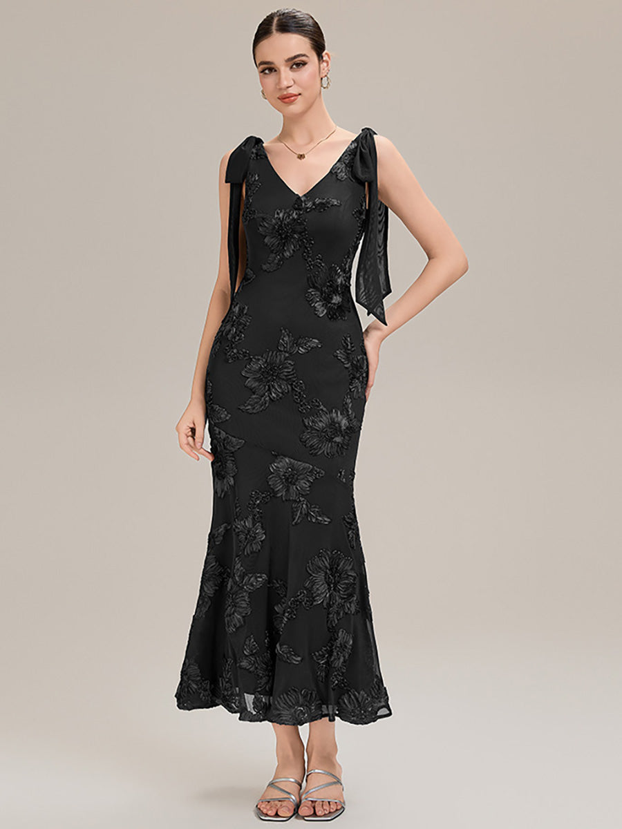 Robe de soirée chic sans manches sans bretelles en jersey extensible avec nœud à l'avant et rubans fluides #Couleur_Noir