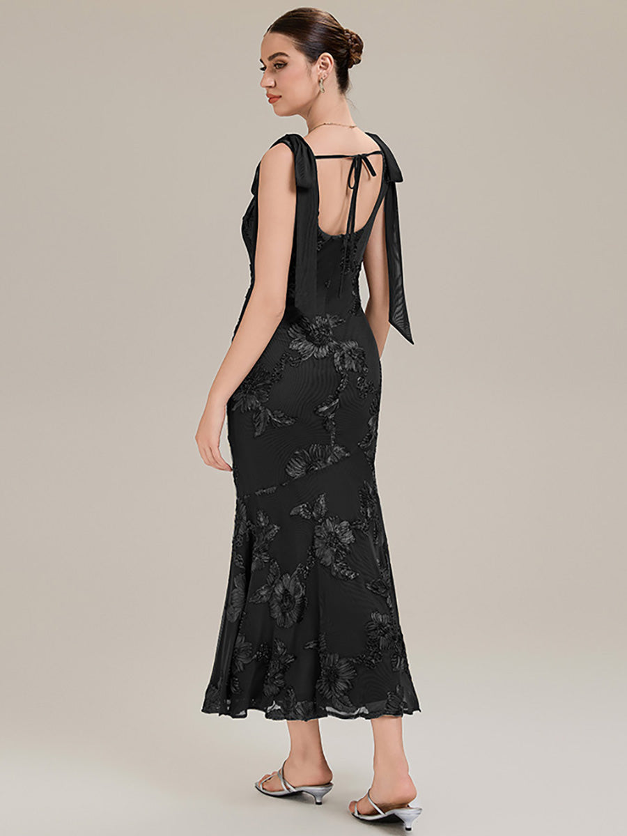Robe de soirée chic sans manches sans bretelles en jersey extensible avec nœud à l'avant et rubans fluides #Couleur_Noir