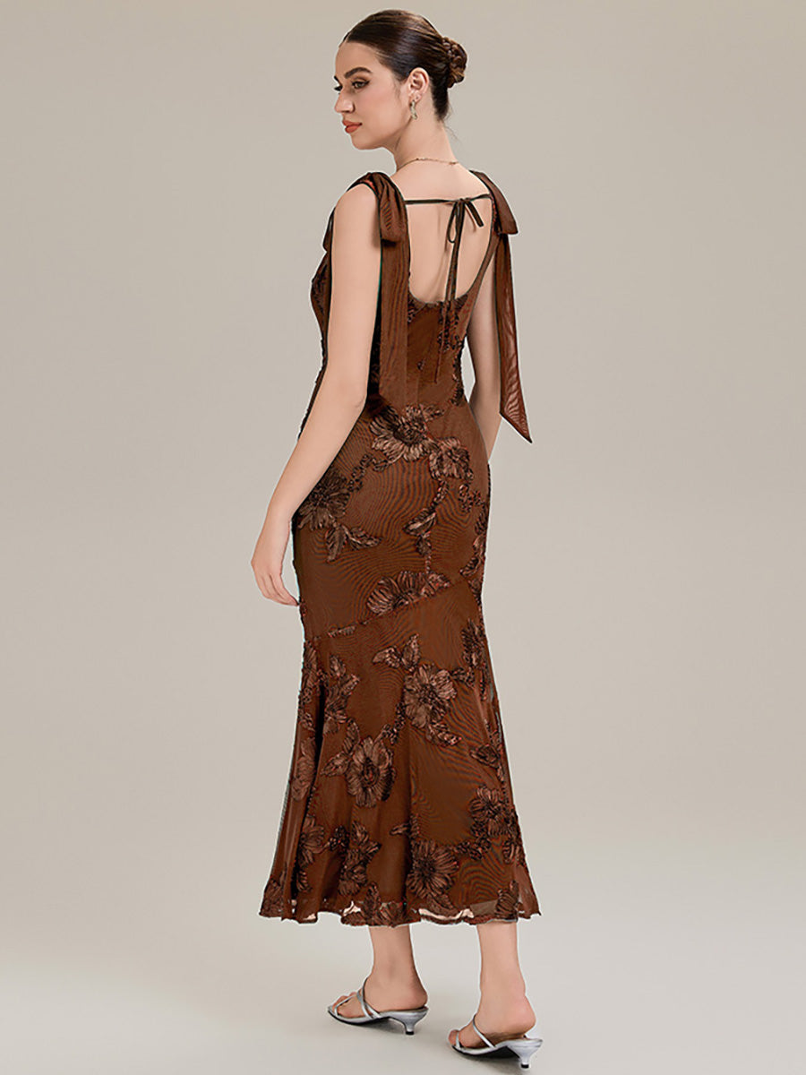 Robe de soirée chic sans manches sans bretelles en jersey extensible avec nœud à l'avant et rubans fluides #Couleur_Brun