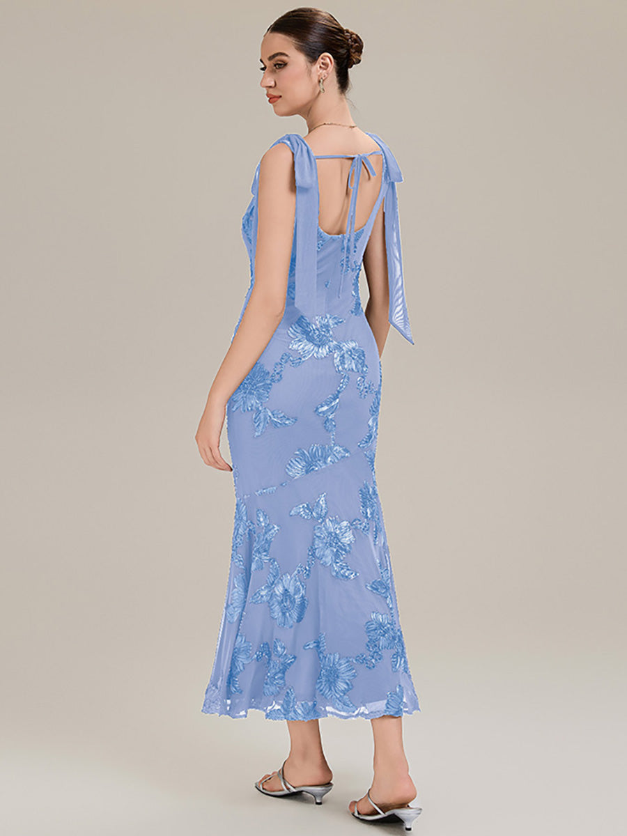 Robe de soirée chic sans manches sans bretelles en jersey extensible avec nœud à l'avant et rubans fluides #Couleur_Bleu Glace