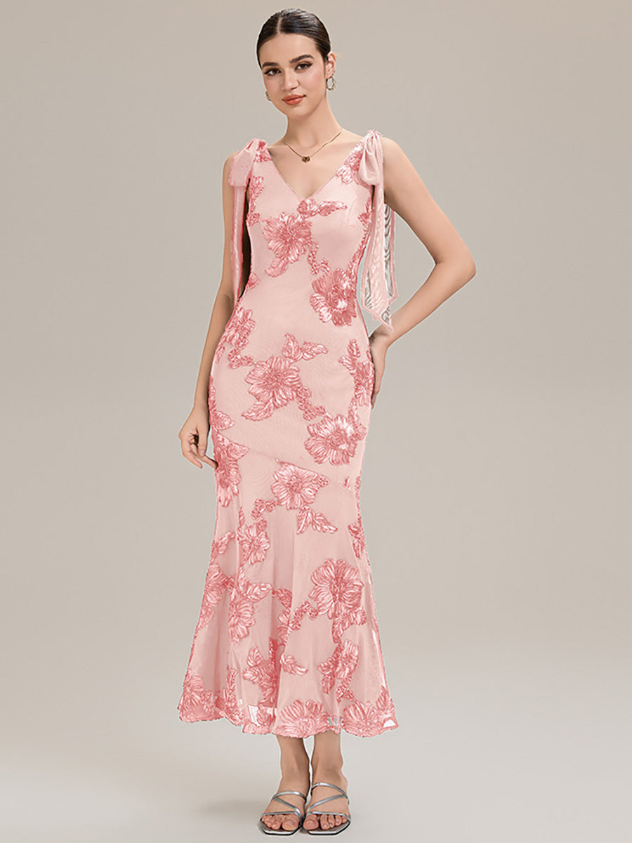 Robe de soirée chic sans manches sans bretelles en jersey extensible avec nœud à l'avant et rubans fluides #Couleur_Rose
