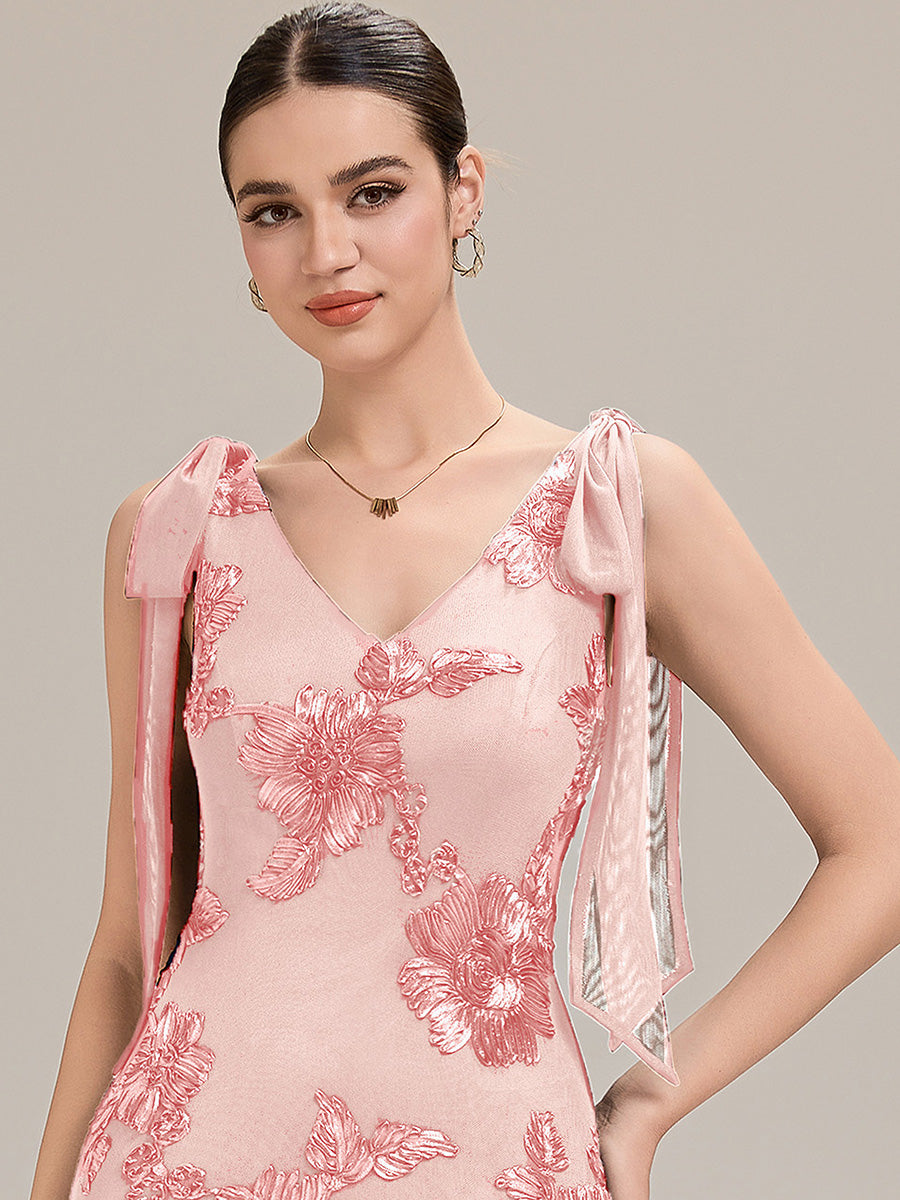 Robe de soirée chic sans manches sans bretelles en jersey extensible avec nœud à l'avant et rubans fluides #Couleur_Rose