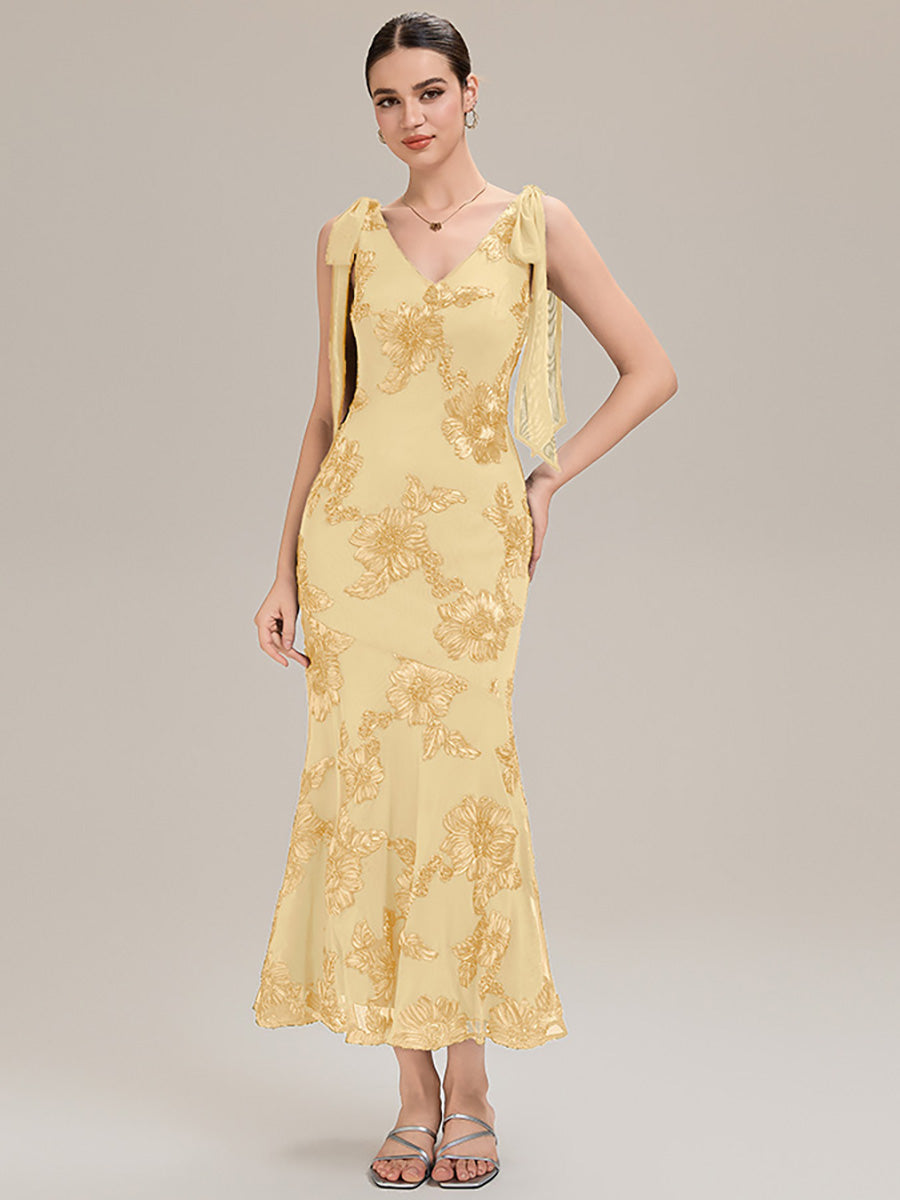 Robe de soirée chic sans manches sans bretelles en jersey extensible avec nœud à l'avant et rubans fluides #Couleur_Jaune