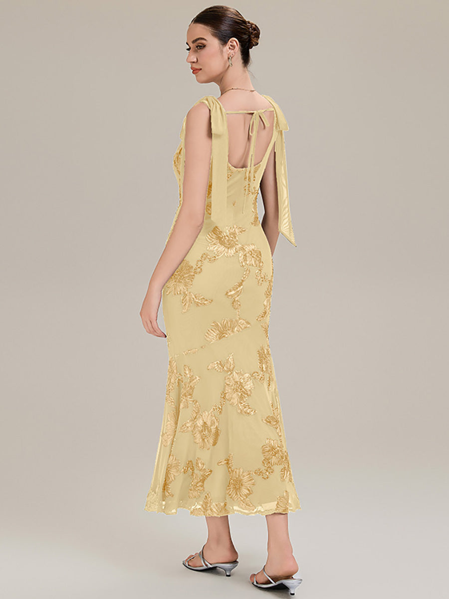 Robe de soirée chic sans manches sans bretelles en jersey extensible avec nœud à l'avant et rubans fluides #Couleur_Jaune