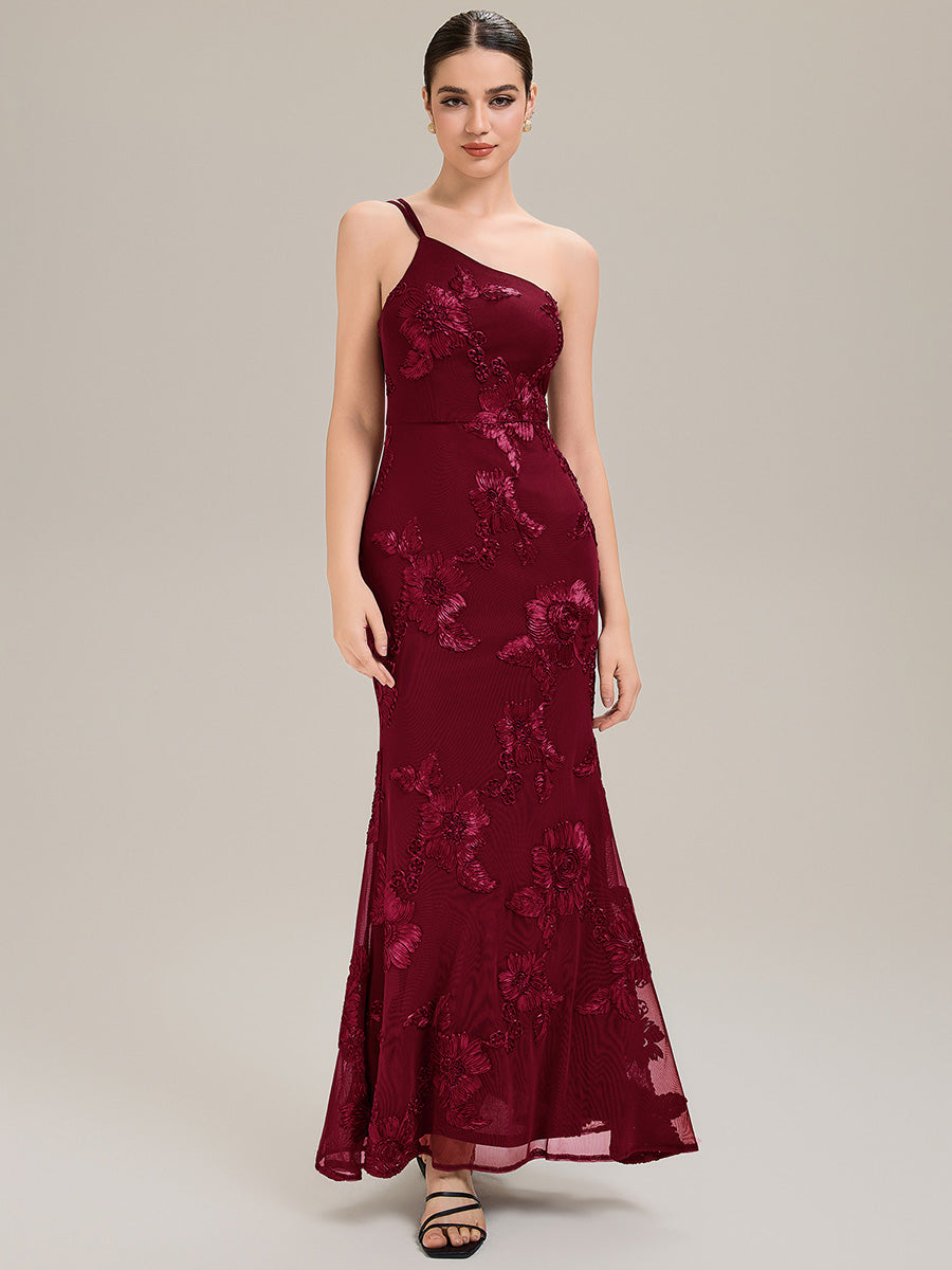 Robe de soirée chic sans manches en jersey extensible imprimé floral longueur sol avec encolure asymétrique #Couleur_Bordeaux