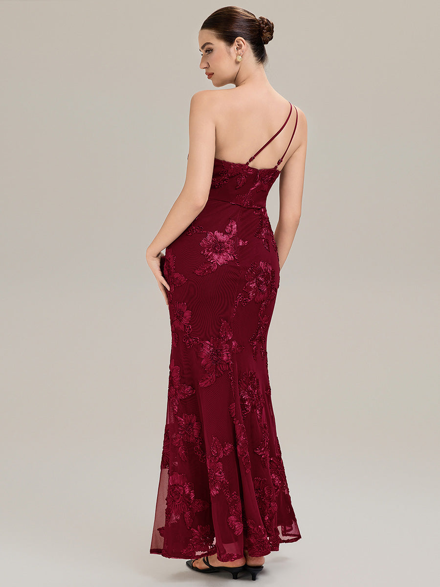 Robe de soirée chic sans manches en jersey extensible imprimé floral longueur sol avec encolure asymétrique #Couleur_Bordeaux