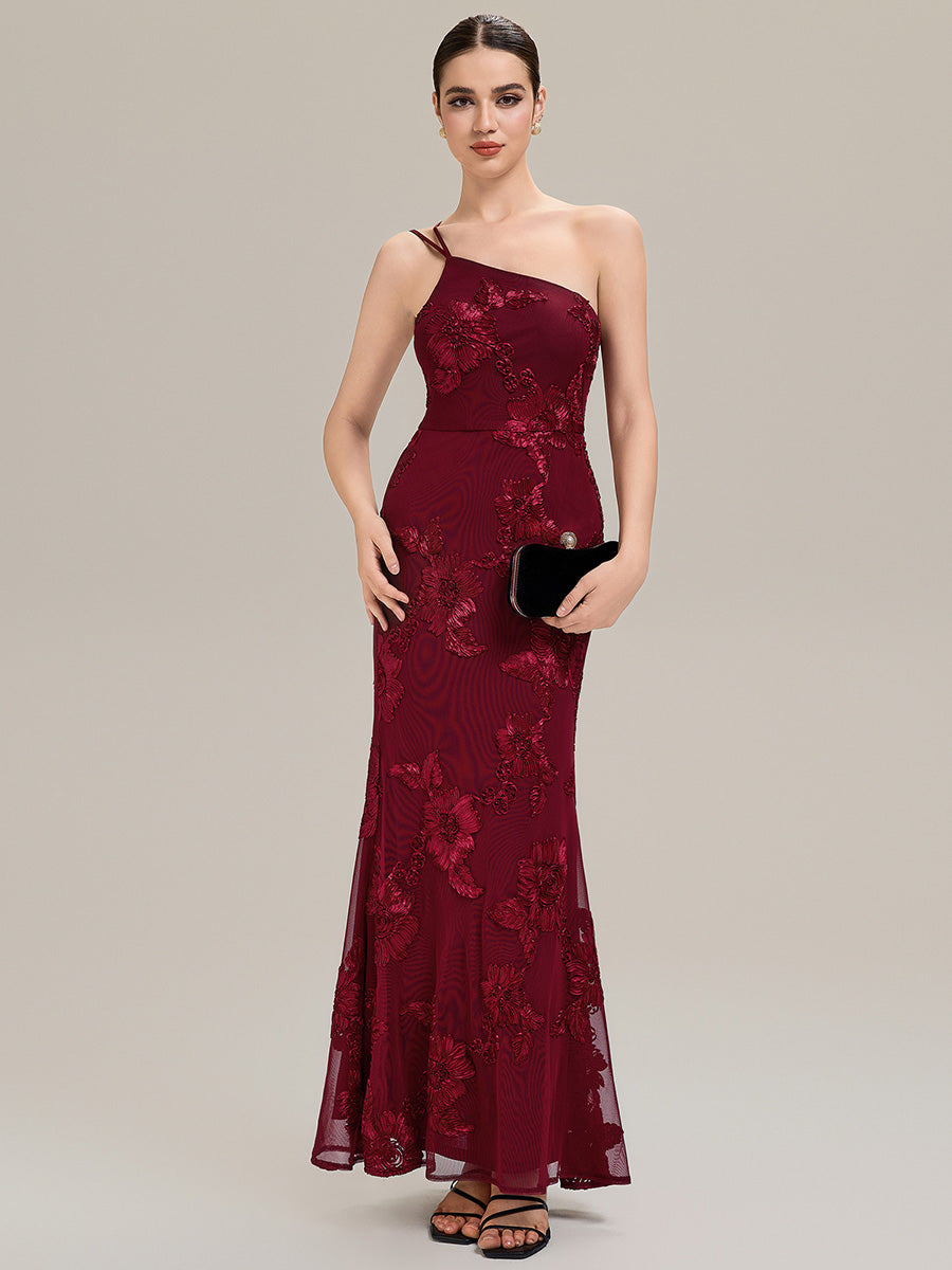 Robe de soirée chic sans manches en jersey extensible imprimé floral longueur sol avec encolure asymétrique #Couleur_Bordeaux