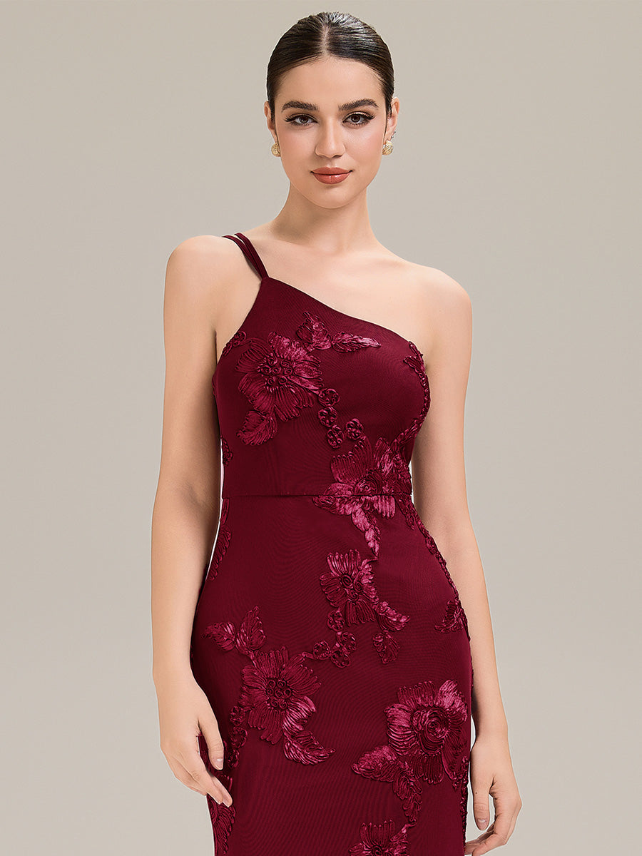 Robe de soirée chic sans manches en jersey extensible imprimé floral longueur sol avec encolure asymétrique #Couleur_Bordeaux
