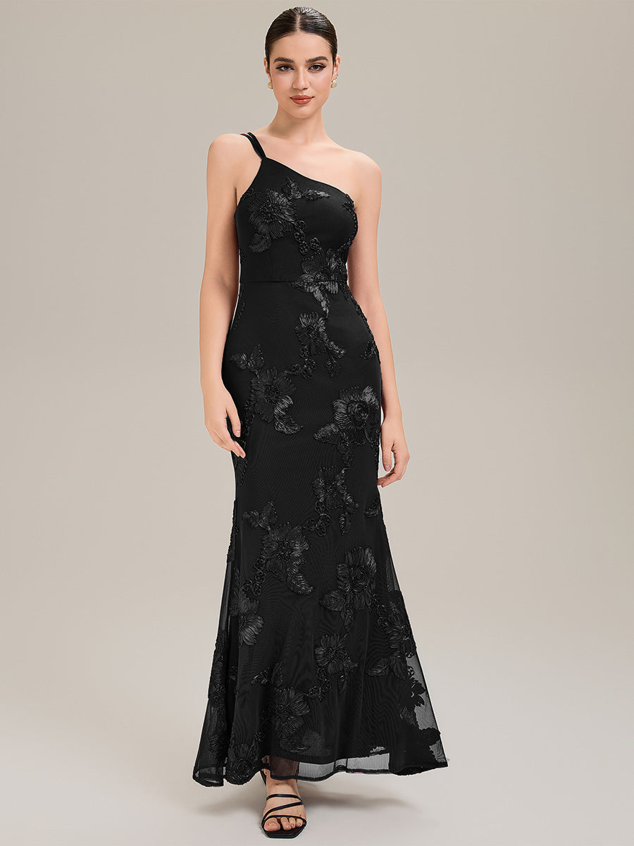 Robe de soirée chic sans manches en jersey extensible imprimé floral longueur sol avec encolure asymétrique #Couleur_Noir