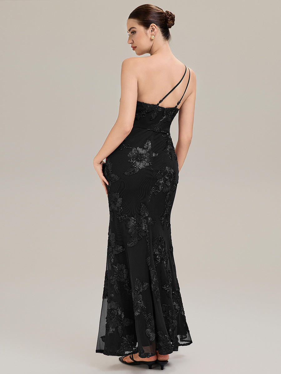 Robe de soirée chic sans manches en jersey extensible imprimé floral longueur sol avec encolure asymétrique #Couleur_Noir