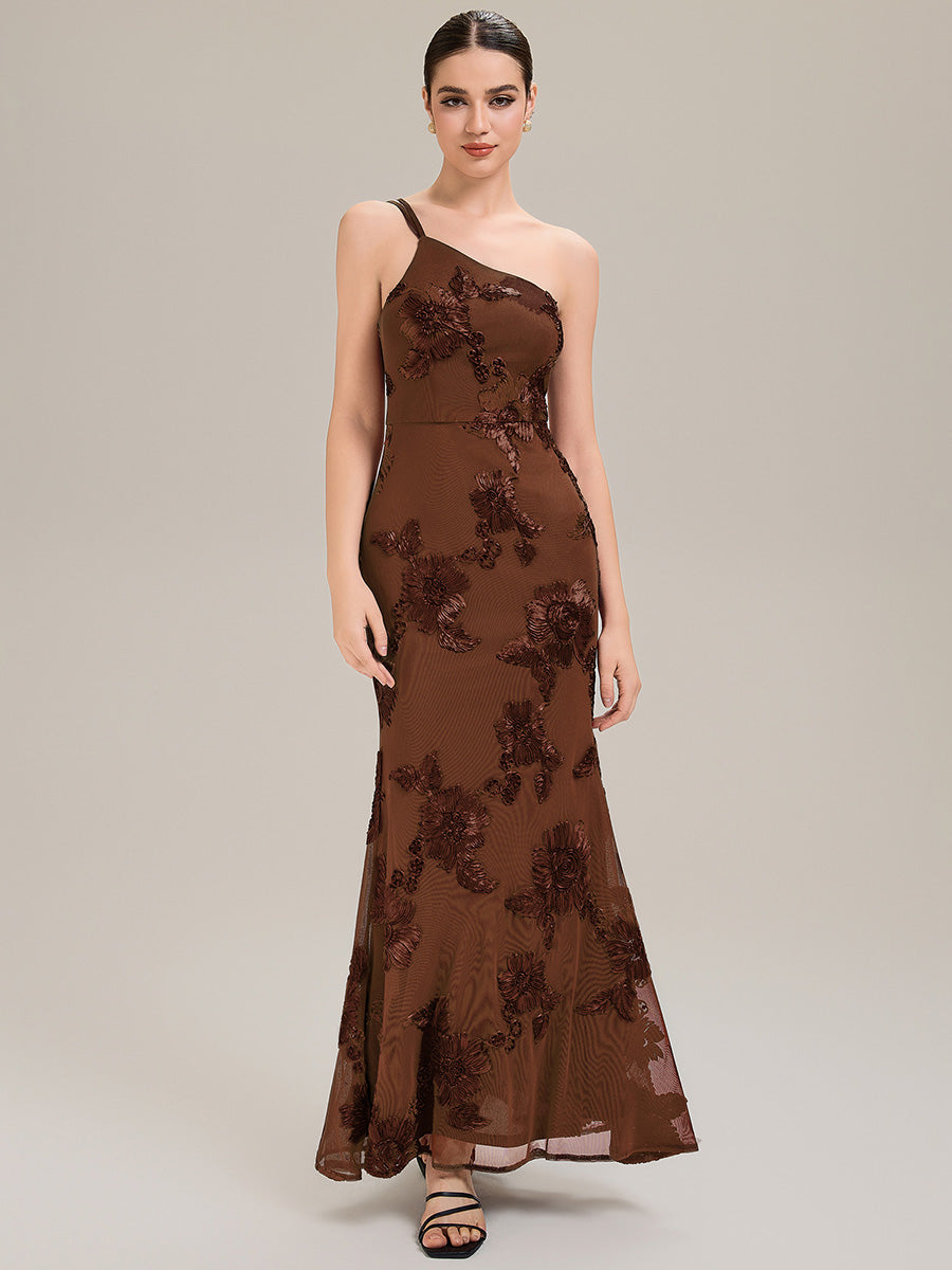Robe de soirée chic sans manches en jersey extensible imprimé floral longueur sol avec encolure asymétrique #Couleur_Brun