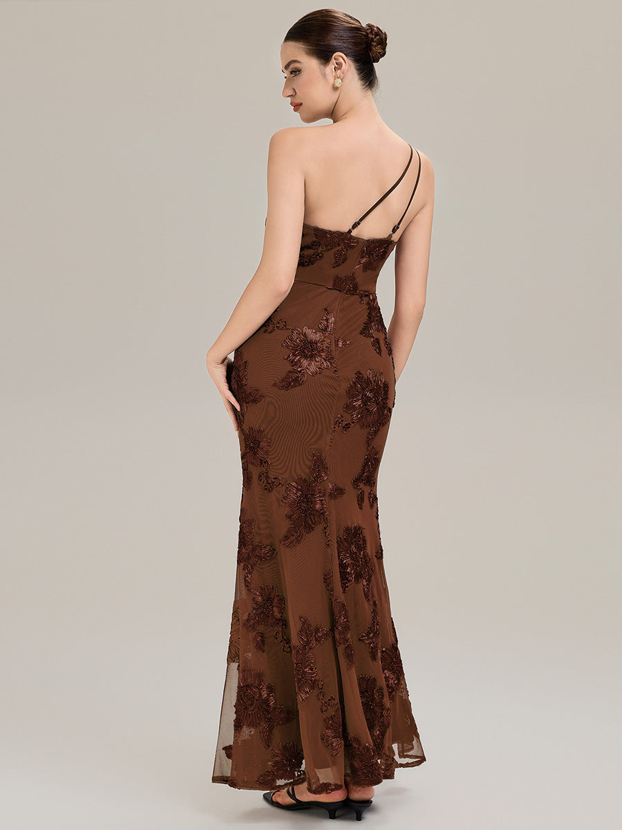 Robe de soirée chic sans manches en jersey extensible imprimé floral longueur sol avec encolure asymétrique #Couleur_Brun
