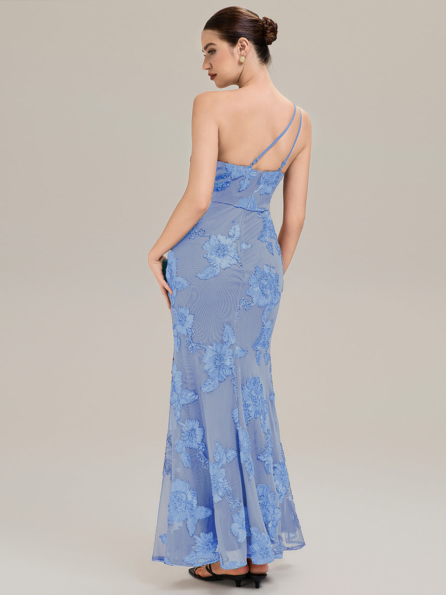 Robe de soirée chic sans manches en jersey extensible imprimé floral longueur sol avec encolure asymétrique #Couleur_Bleu Glace