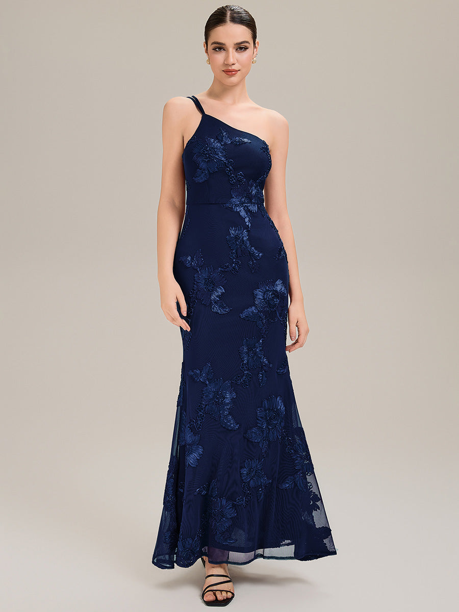 Robe de soirée chic sans manches en jersey extensible imprimé floral longueur sol avec encolure asymétrique #Couleur_Bleu Marine